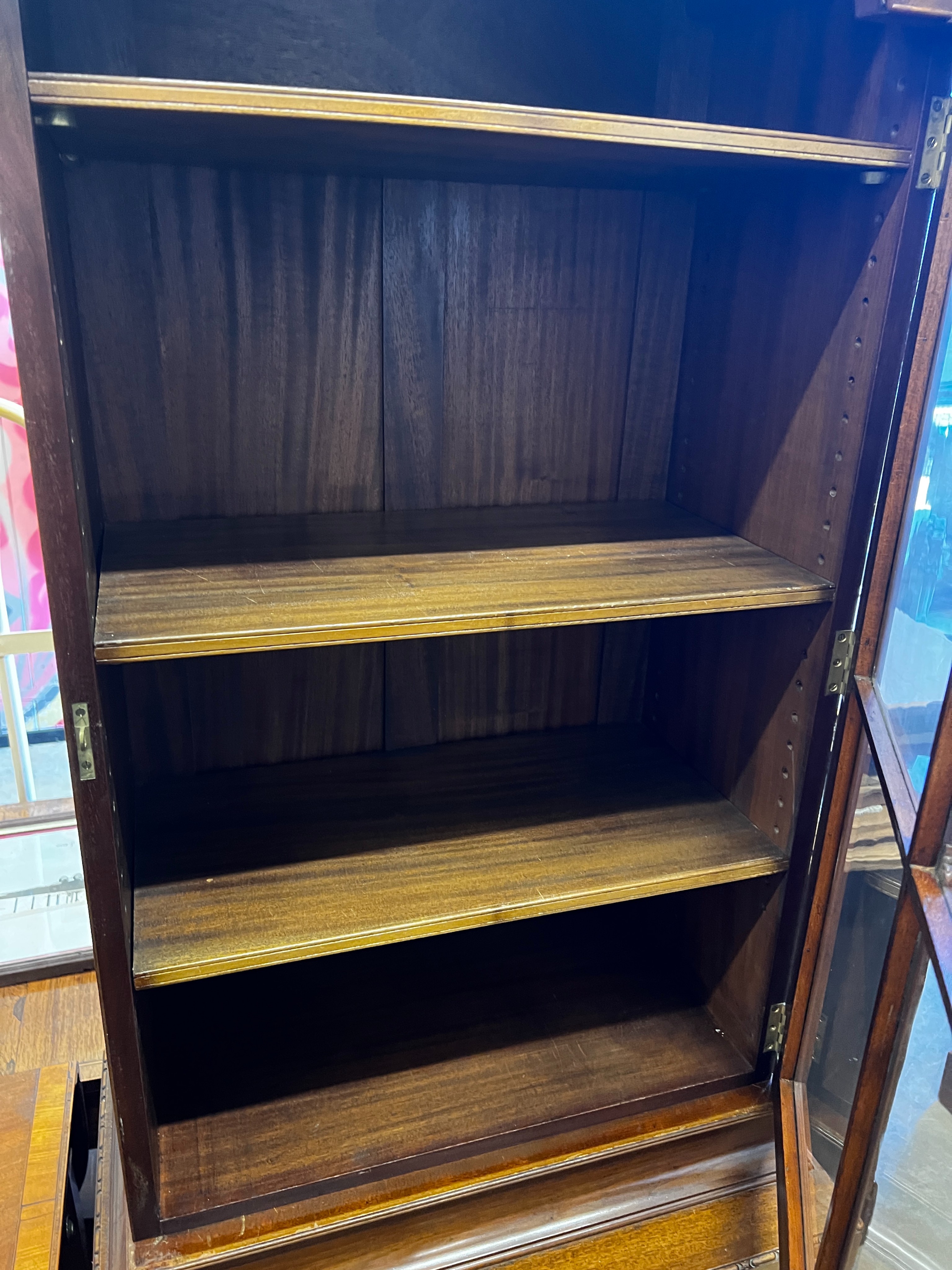 A Queen Anne revival walnut display cabinet, width 67cm, depth 40cm, height 186cm